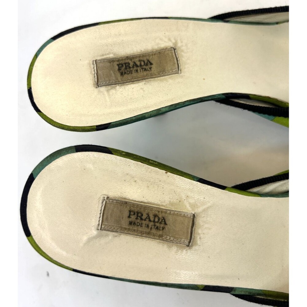 VTG Prada Mules Sz 35.5 Satin Geometric Blue Green Kitten Heels Bow Accent RARE! - Picture 5 of 15